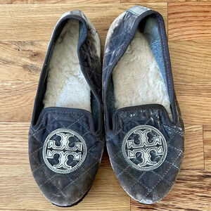 Tory Burch Gray & Silver Quilted Billy Slippers Loafers Size 6